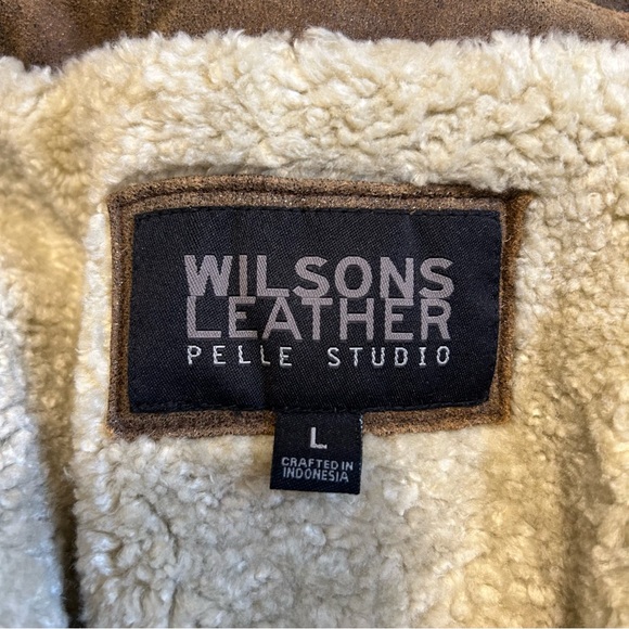Wilsons Pelle Studio Brown Leather Sherpa Fur Lined Mid Length Heavy Winter Coat - Picture 17 of 17